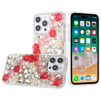 For Samsung Galaxy S24 Fan Edition /Galaxy S24 FE Fashion Rose Flower Floral Bling Crystal 3D Full Diamonds Pearl Sparkle Rhinestone Glitter Hybrid Case Cover Red