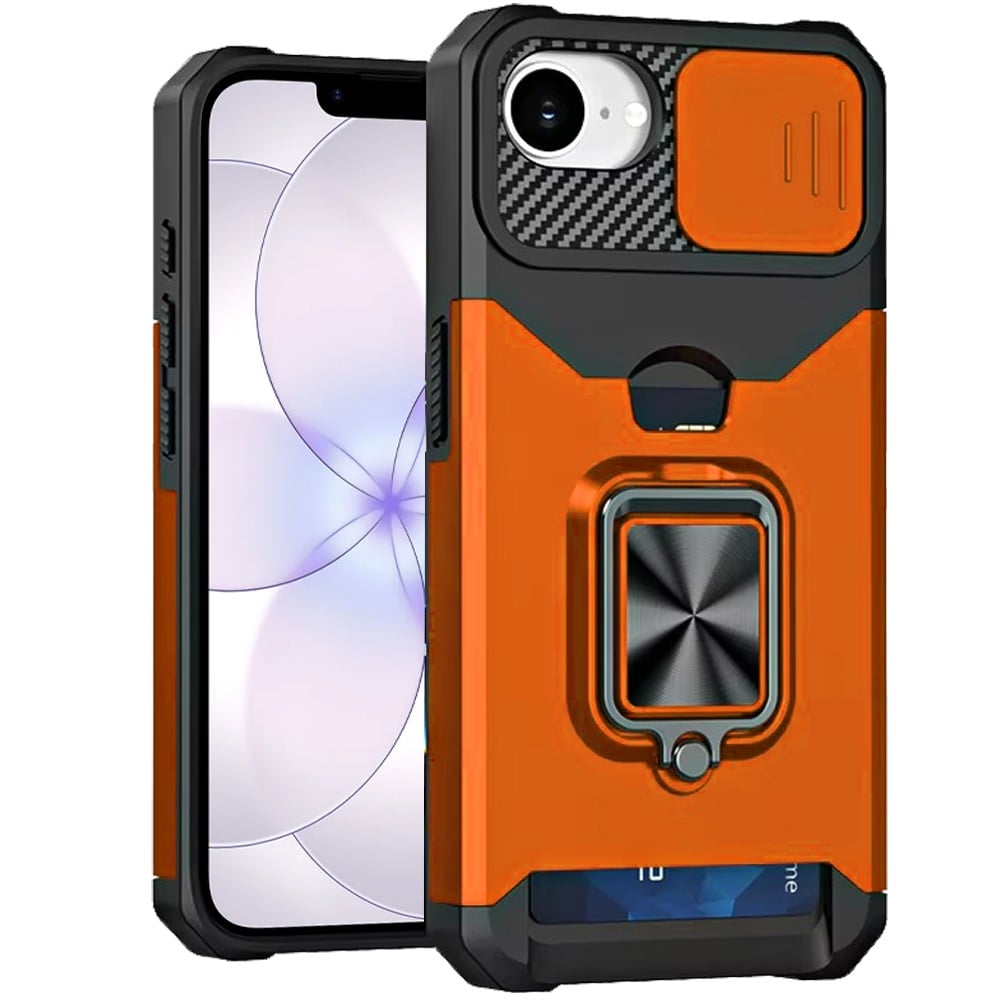 For Apple iPhone 17E /16E Wallet Case with Ring Stand & Slide Camera Cover Back Credit Card Slot Holder, Military Grade Case Cover Cosmic Orange