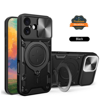 For Apple iPhone 17 Hybrid Shockproof with Magnetic Ring Stand, Compatible with Magsafe & Sliding Camera Lens Protector Case Cover