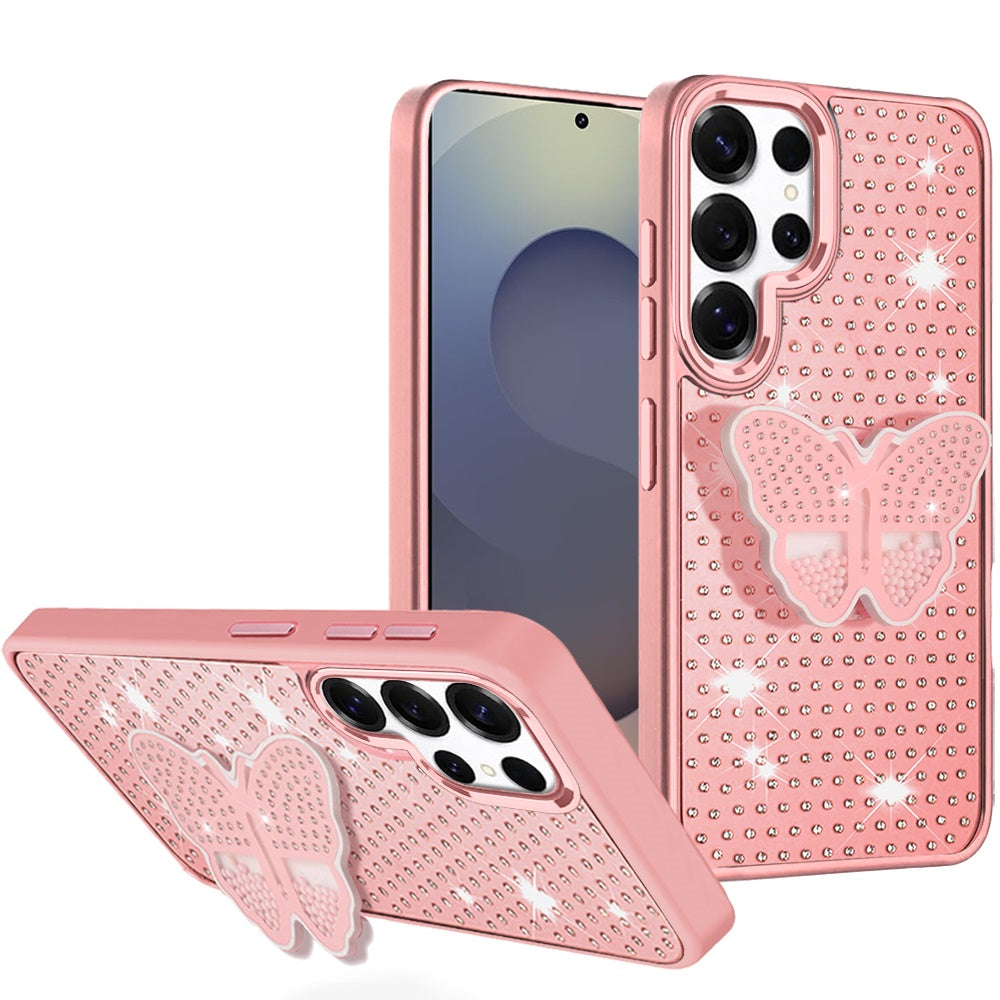 For Samsung Galaxy S25 Ultra Butterfly Moveable Grip 3D Pop Stand Full Diamond Bling Sparkling TPU Fashion Hybrid Case Cover