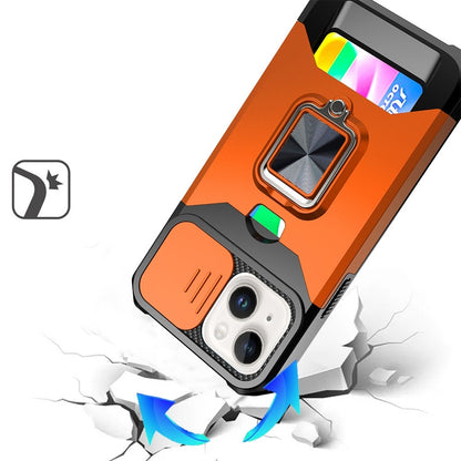 For iPhone 15 Plus (6.7") Wallet Case with Ring Stand & Slide Camera Cover Back Credit Card Slot Holder, Military Grade Case Cover Cosmic Orange