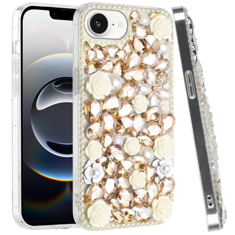 For Samsung Galaxy S25 EDGE Fashion Rose Flower Floral Bling Crystal 3D Full Diamonds Pearl Sparkle Rhinestone Glitter Hybrid Case Cover