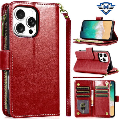 For Apple iPhone 16 Pro Max (6.9") Premium Leather Zipper Wallet with Credit Card Slots Money Pocket Luxury Clutch Pouch Stand & Strap Case Cover Red