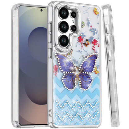 For Samsung Galaxy S25 Ultra Butterfly Resin Epoxy Diamond Design Metal Edged Hybrid Shockproof Heavy Duty Drop Protection Case Cover