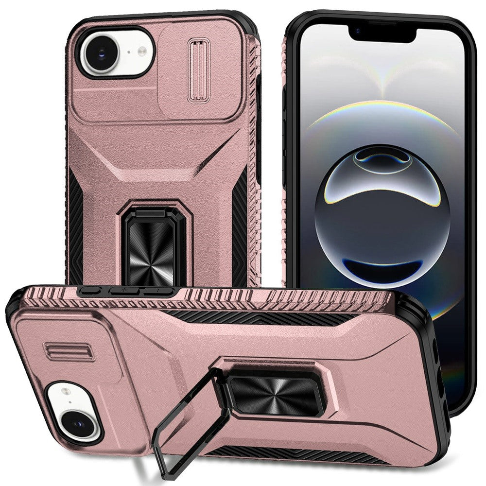 For Apple iPhone 17E /16E Case, Camera Cover with Magnetic Rotation Ring Stand, Military Grade Hybrid Hard TPU Shockproof Case Cover Rose Gold