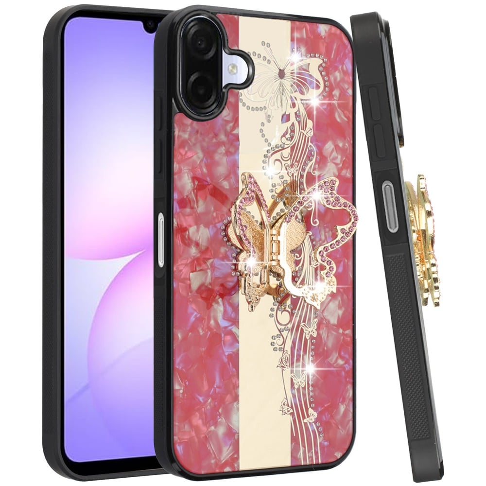 For Samsung Galaxy A07 Diamonds 3D Fashion Bling Sparkly Glitter Ornaments Engraving Hybrid with Ring Stand Case Cover