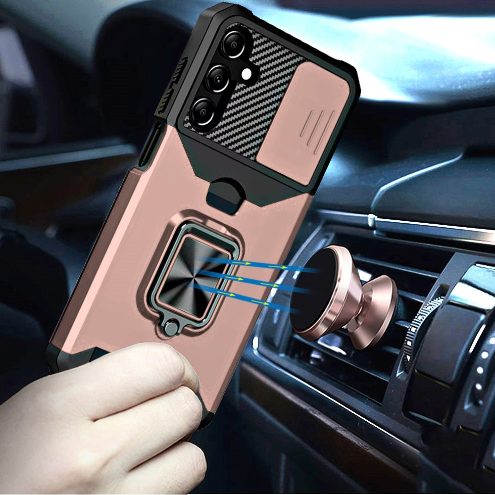 For Samsung Galaxy A16 5G Wallet Case with Ring Stand & Slide Camera Cover Credit Card Holder, Military Grade Hard Shockproof Case Cover Rose Gold