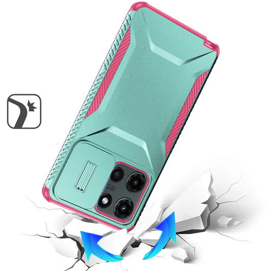 For Motorola Edge 2025 Slim Fit Shockproof Hybrid with Slide Camera Window Covering, Rugged Tpu Silicone Hard PC Bumper Case Cover Teal+Hot Pink