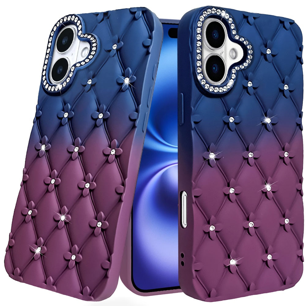 For Apple iPhone 17 (6.3") Fashion Flower Design Sparkle Glitter Shimmer Rhinestone Bling Floral Accents, Leather Texture TPU Case Cover