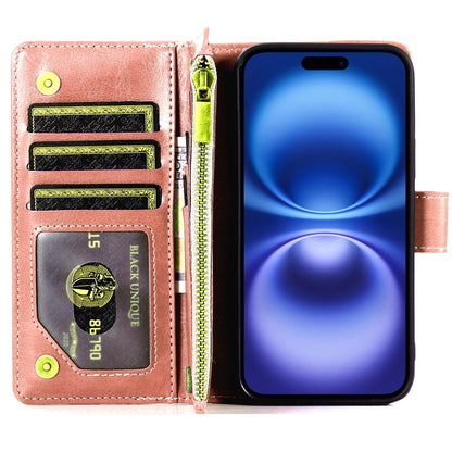 For Apple iPhone 11 Leather Wallet Case with Zipper, 9 Card Slots, Cash Pocket, Stand & Strap, Clutch Pouch Design Case Cover Rose Gold