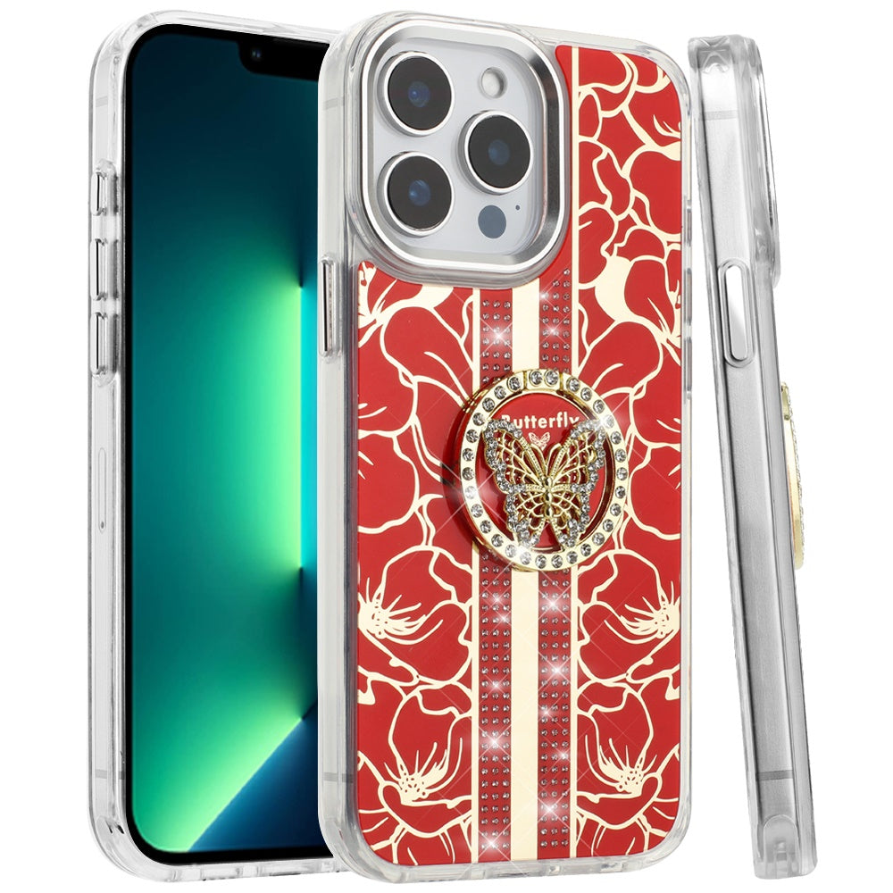 For Apple iPhone 13 Pro Max Diamonds 3D Butterfly Floral Design Bling Sparkly Glitter Hybrid Metal Fashion with Ring Stand Case Cover