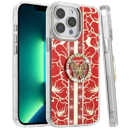 For Apple iPhone 16 Pro Max (6.9") Diamonds 3D Butterfly Floral Design Bling Sparkly Glitter Hybrid Metal Fashion with Ring Stand Case Cover