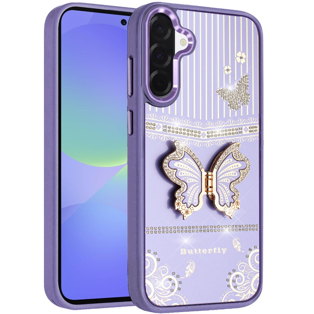 For Samsung Galaxy A37 Glitter 3D Butterfly Design Bling Metallic Edge Hybrid Stand Drop Protection TPU Shockproof Case Cover