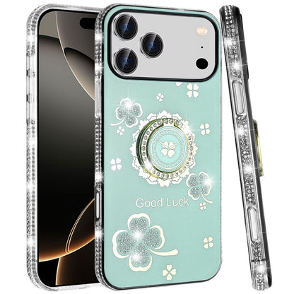 For Apple iPhone 17 Pro Max (6.9") Diamonds Bling All Around Edges Sparkly Glitter Hybrid with Ring Stand Holder Fashion Good Luck Case Cover