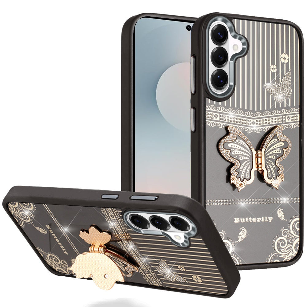 For Samsung Galaxy A37 Glitter 3D Butterfly Design Bling Metallic Edge Hybrid Stand Drop Protection TPU Shockproof Case Cover