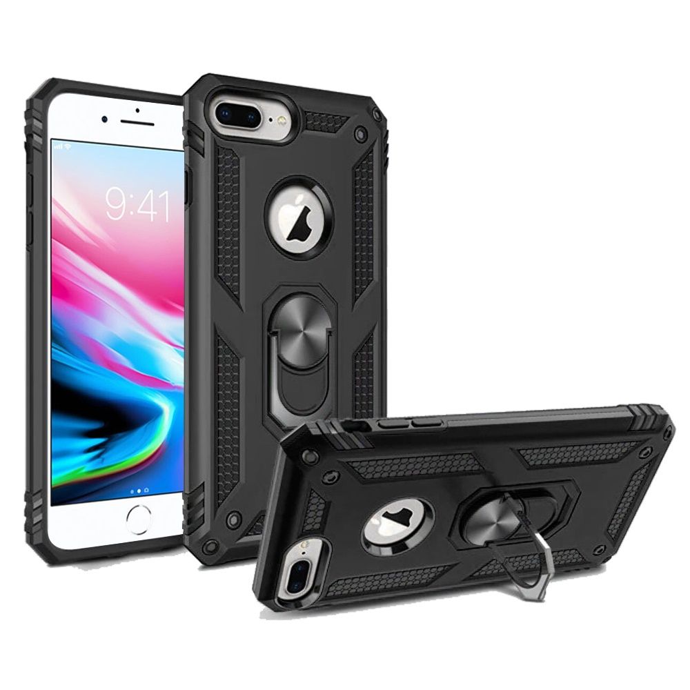 For iPhone 8 Plus / iPhone 7 Plus Hybrid Shockproof Durable 360 Degree Rotatable Ring Stand Holder Kickstand Fit Magnetic Car Mount Case Cover Black