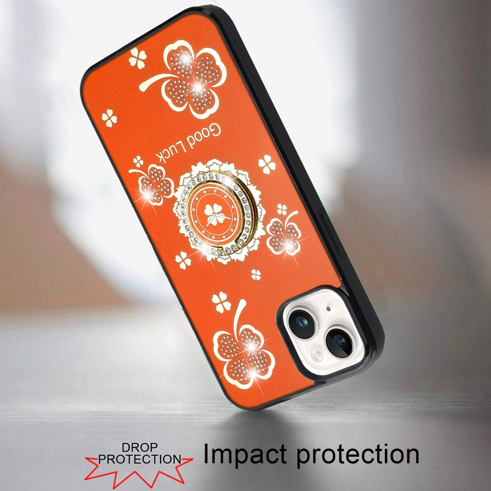For Apple iPhone 15 Diamonds 3D Butterfly Bling Sparkly Glitter Ornaments Engraving Hybrid Metal Fashion Case Cover Good Luck Floral Cosmic Orange
