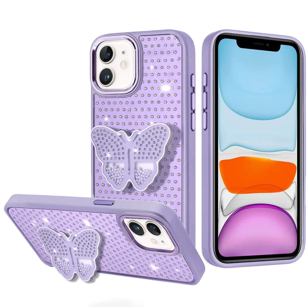 For Apple iPhone 11 Butterfly Moveable Grip 3D Pop Stand Full Diamond Bling Sparkling TPU Fashion Hybrid Case Cover