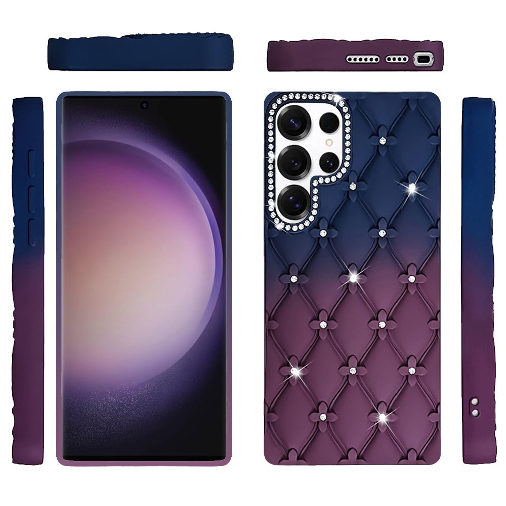 For Samsung Galaxy S23 Ultra Fashion Flower Design Sparkle Glitter Shimmer Rhinestone Bling Floral Accents, Leather Texture TPU Case Cover