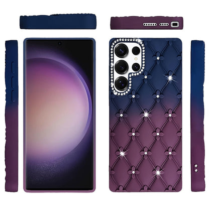 For Samsung Galaxy S23 Ultra Fashion Flower Design Sparkle Glitter Shimmer Rhinestone Bling Floral Accents, Leather Texture TPU Case Cover