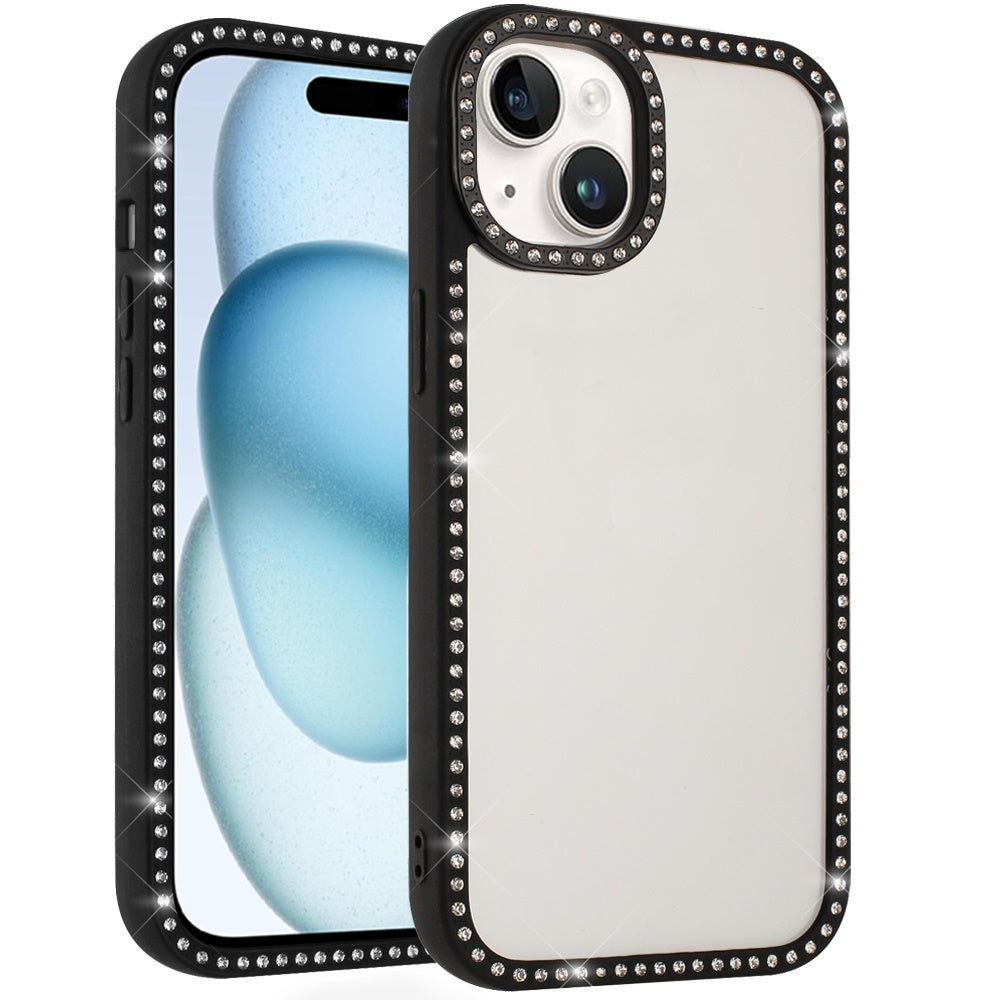 For Apple iPhone 15 Diamond Full Rhinestone Clear Hybrid Protective, Sparkly Bling Transparent Shockproof Bumper All Around Case Cover