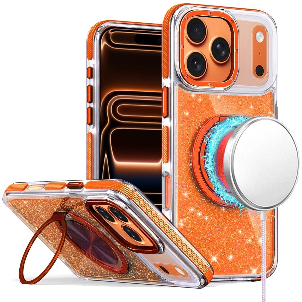 For Apple iPhone 17 (6.3") Slim Bling Glitter Sparkly Shimmer Hybrid with Magnetic Ring and 360° Rotational Stand [Compatible with Magsafe] Case Cover Cosmic Orange