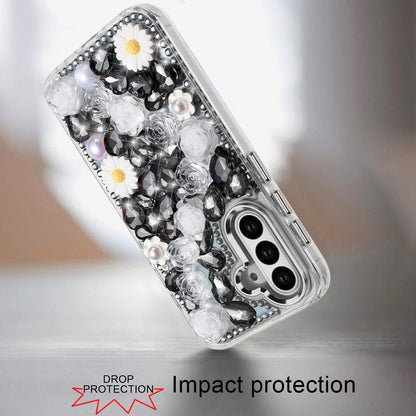 For Samsung Galaxy S25 /S24 Fashion Daisy Floral Series, Full 3D Bling Crystal Diamonds Sparkling Rhinestone Glitter Hybrid Design Case Cover
