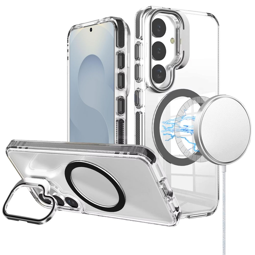 For Samsung Galaxy S26 Built-in Camera Kick-Stand, Compatible with MagSafe, Transparent Colorful Edged Tough Hybrid TPU Case Cover Clear Black