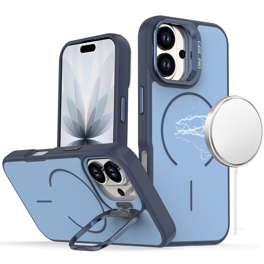For Apple iPhone 17 (6.3") Magnetic Matte Metal Camera Stand Hybrid Drop Protection Durable Shockproof Slim Fit Design Case Cover Navy Blue