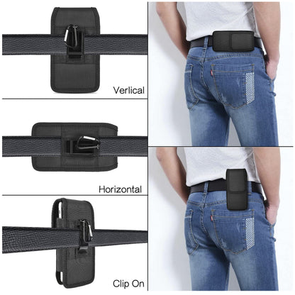 For Apple iPhone 16 Pro (6.3") Nylon Canvas Fabric Waist Belt Holster Vertical Pouch Holds Large Phone Works with Thick Cases Universal Cover [Black]