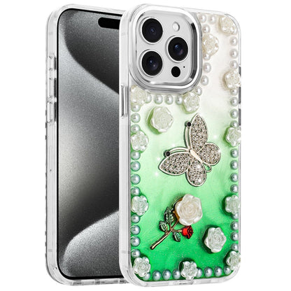 For Apple iPhone 14 Pro Max Bling Fashion Design with 3D Pearls Epoxy Glitter Ornaments Chrome Edge Hard Slim PC Case Cover