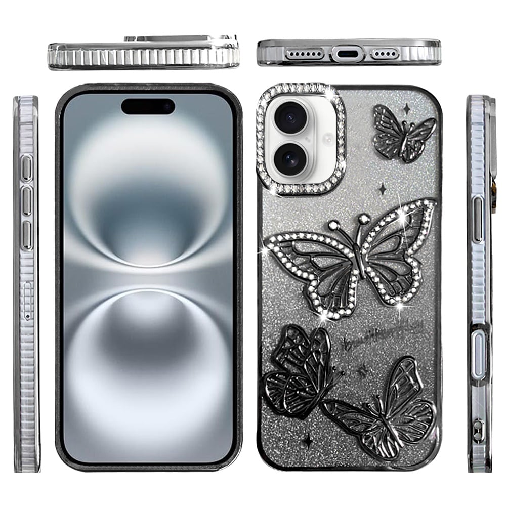 Phone Case for Apple iPhone 16 Butterfly Freedom Shimmer Glitter Thick TPU Shockproof Anti Slip Durable Protective Design Cover
