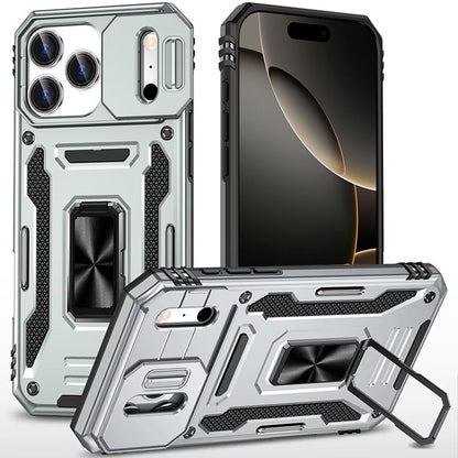 For Apple iPhone 17 Pro Max (6.9") Tough Hybrid Case with Movable Camera Window & Metal Ring Stand Shockproof Case Cover