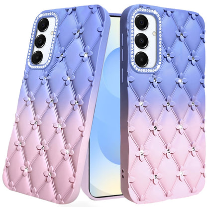 For Samsung Galaxy S25 /S24 Fashion Flower Design Sparkle Glitter Shimmer Rhinestone Bling Floral Accents, Leather Texture TPU Case Cover