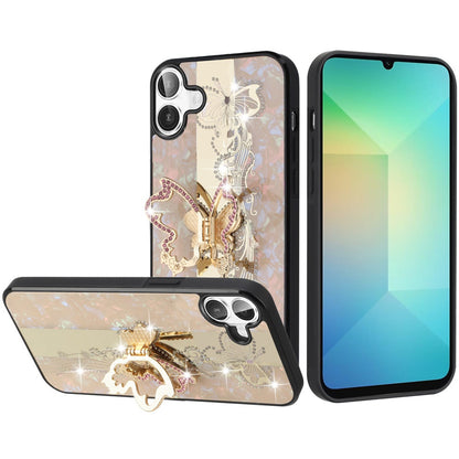 For Samsung Galaxy A06 Diamonds 3D Butterfly Bling Sparkly Glitter Ornaments Engraving Hybrid with Ring Stand Fashion Case Cover Enchanted Butterfly Gold