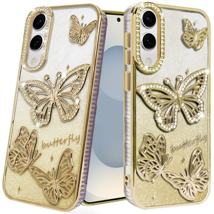 For Samsung Galaxy S25 EDGE Luxury Butterfly Sparkle Glitter Diamond Crystal Rhinestone Shimmer Bling Plating Thick TPU Hard PC Case Cover
