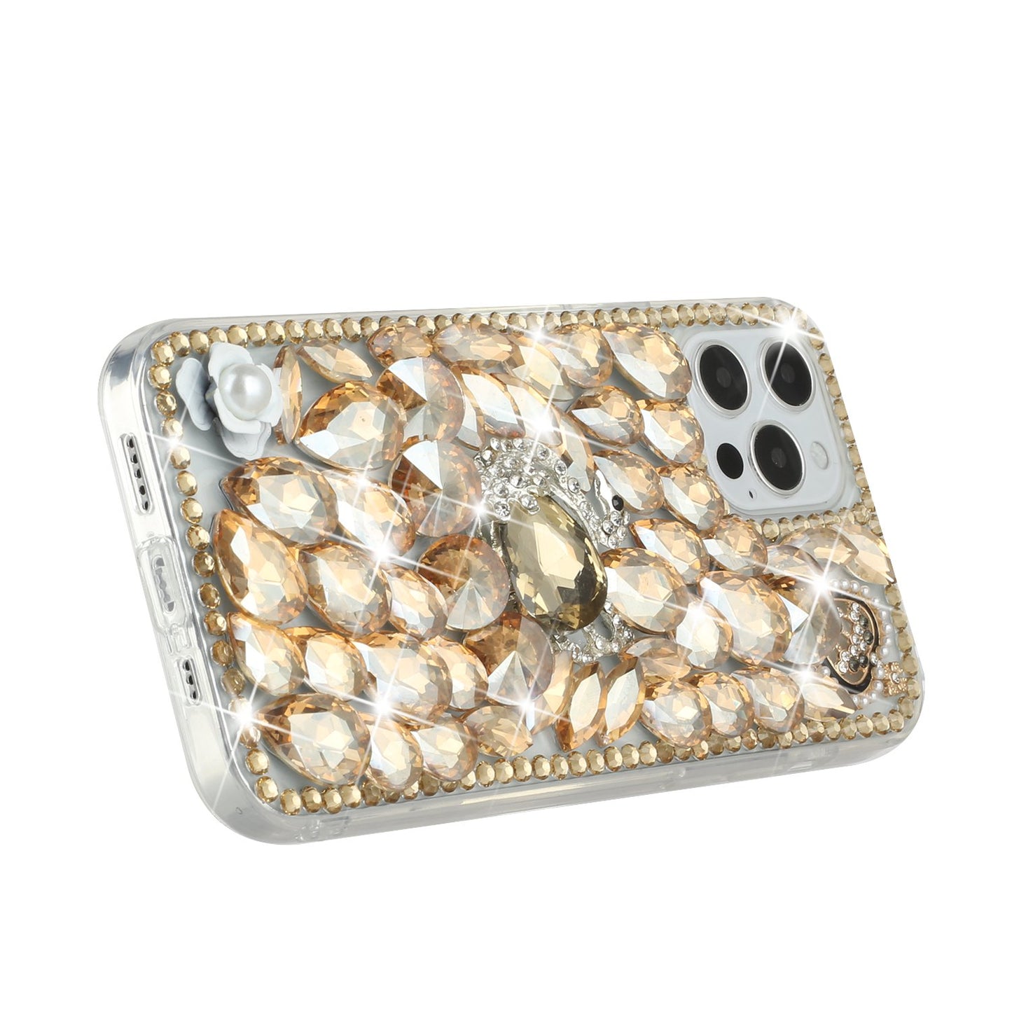 For Samsung Galaxy Z Flip 7 FE Bling Crystal 3D Full Diamonds Luxury Sparkle Rhinestone Hybrid Protective Case Cover Gold Swan Crown Pearl