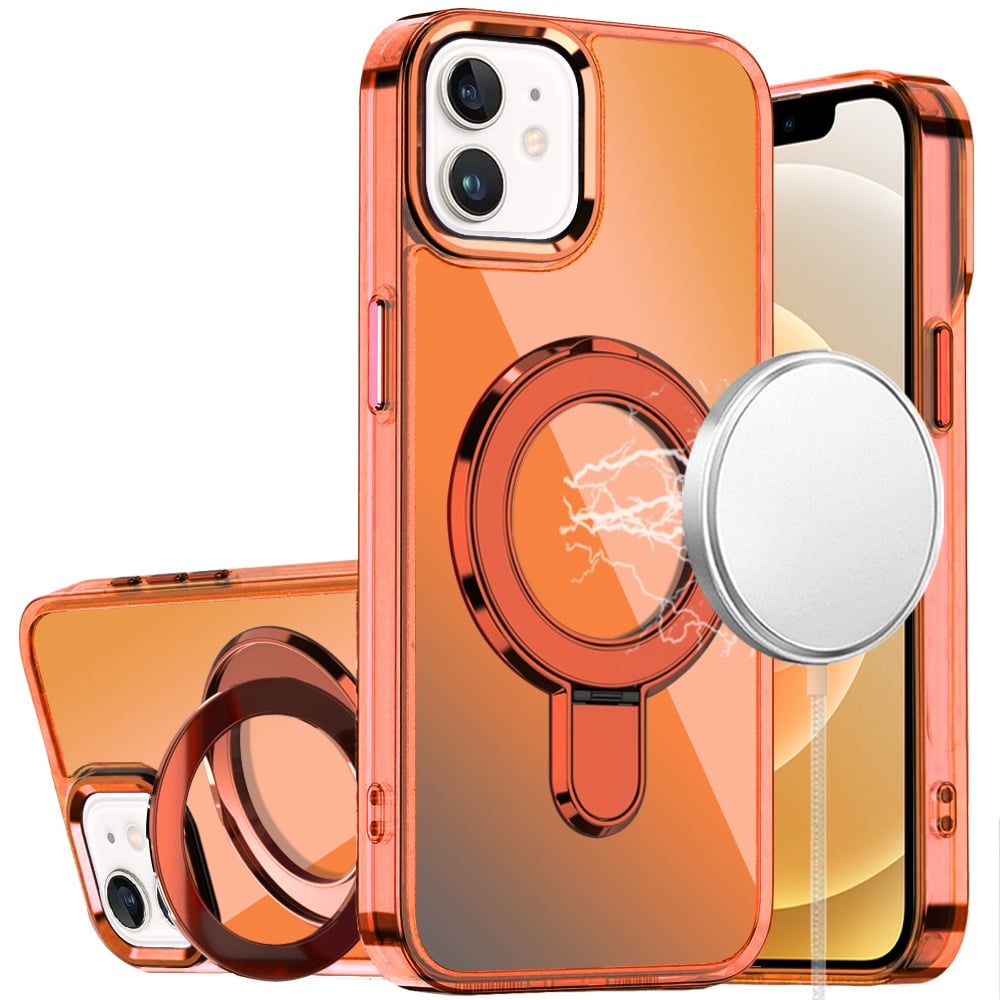 For iPhone 12 / iPhone 12 Pro (6.1") Chrome Hybrid with Rotating Magnetic Circle Ring Stand, Slim Shockproof Hybrid Case Cover Cosmic Orange