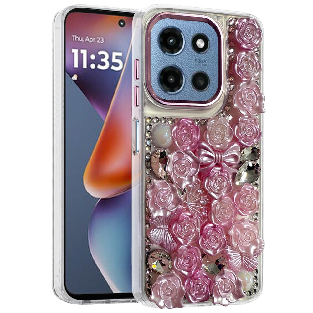 For Motorola Moto G Play 5G 2026 3D Diamond Floral Roses Flower Bling Stone Hybrid, Sparkly Rhinestone Gemstone Back Shockproof Case Cover