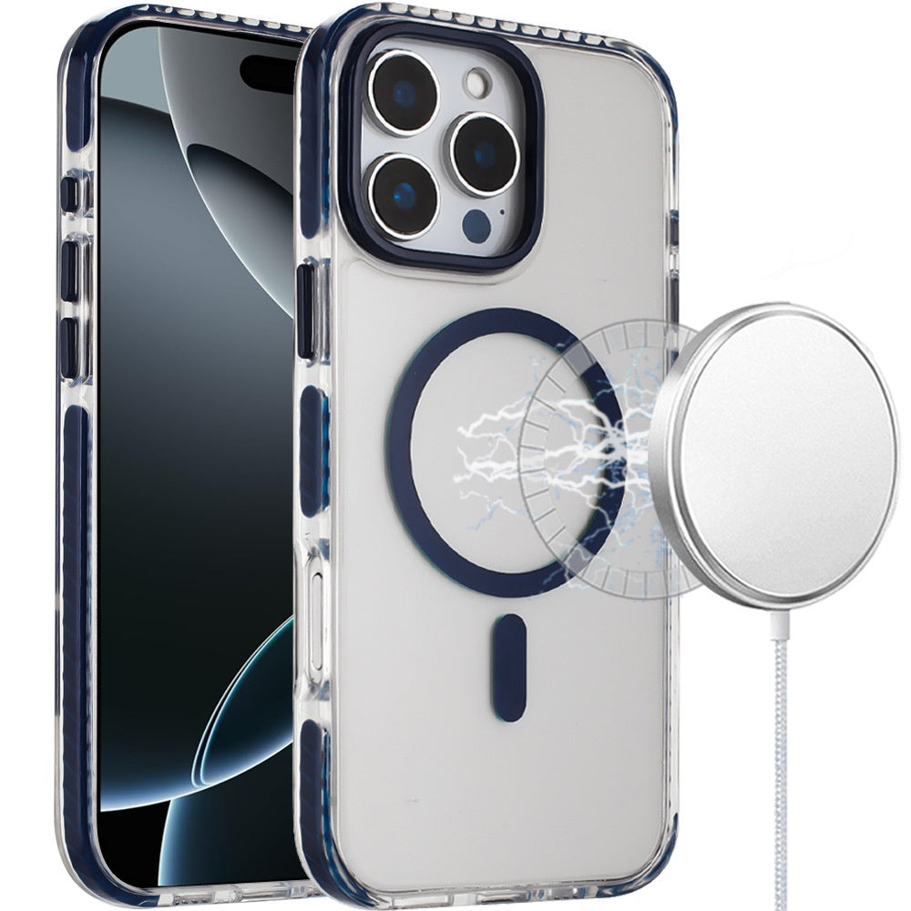 For Apple iPhone 17 Pro Max Transparent Hybrid with Color-Matched Magnetic Circle, Rubber TPU Frame Hard PC Shockproof Case Cover Blue