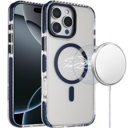 For Apple iPhone 17 Pro Max Transparent Hybrid with Color-Matched Magnetic Circle, Rubber TPU Frame Hard PC Shockproof Case Cover Blue