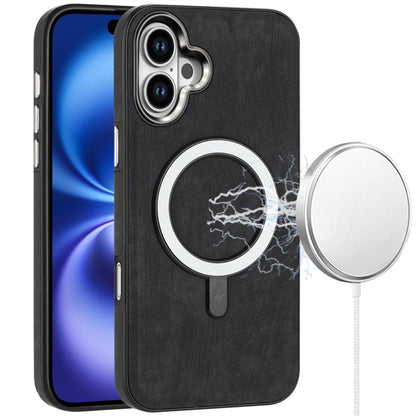 For Apple iPhone 17 Fashion PU Vegan Leather Chrome Edge Hybrid, MagSafe Compatible, Durable TPU Hard PC Case Cover Black
