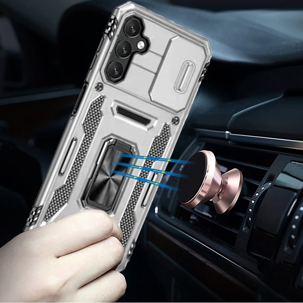 For Samsung Galaxy A16 5G Tough Hybrid Case with Movable Camera Window & Metal Ring Stand Shockproof Case Cover Cosmic Orange