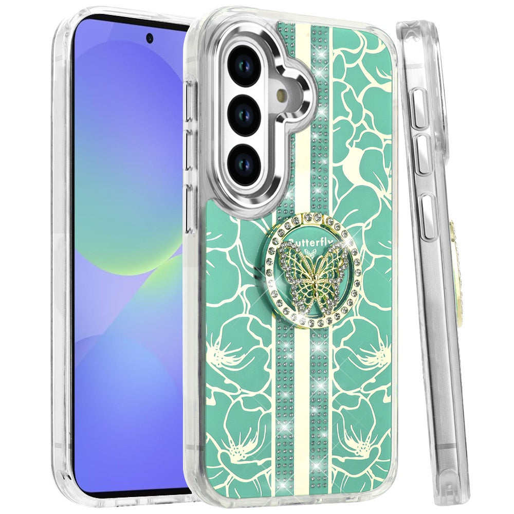 For Samsung Galaxy A36 Diamonds 3D Butterfly Floral Design Bling Sparkly Glitter Hybrid Metal Fashion with Ring Stand Case Cover