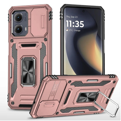 For Motorola Edge 2024 Tough Hybrid Case with Movable Camera Window & Metal Ring Stand Shockproof Case Cover Black