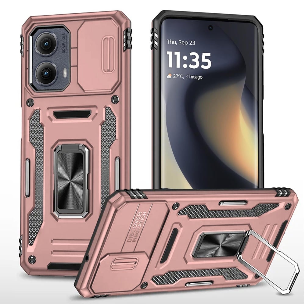 For Motorola Edge 2024 Tough Hybrid Case with Movable Camera Window & Metal Ring Stand Shockproof Case Cover Rose Gold
