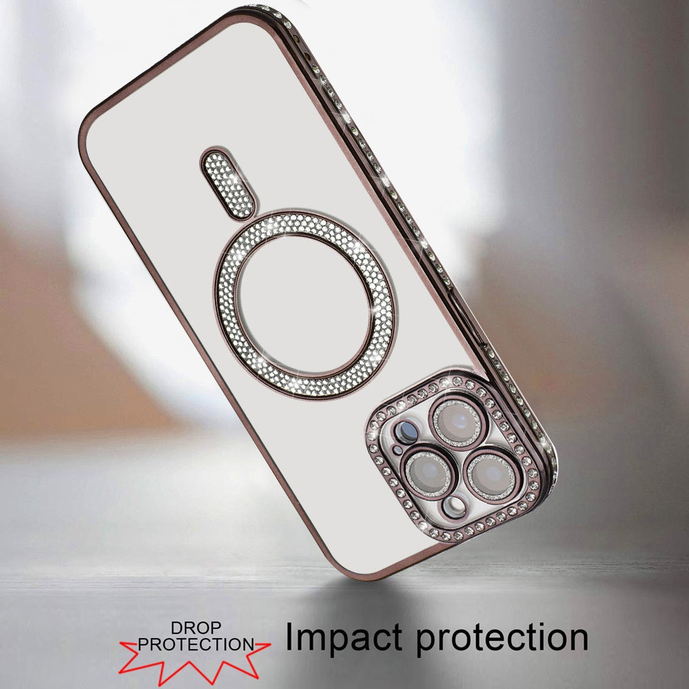 For Apple iPhone 14 /13 Bling Case with Diamond Magnetic Circle, Transparent Slim Shockproof Hybrid Slim Fit Case Cover