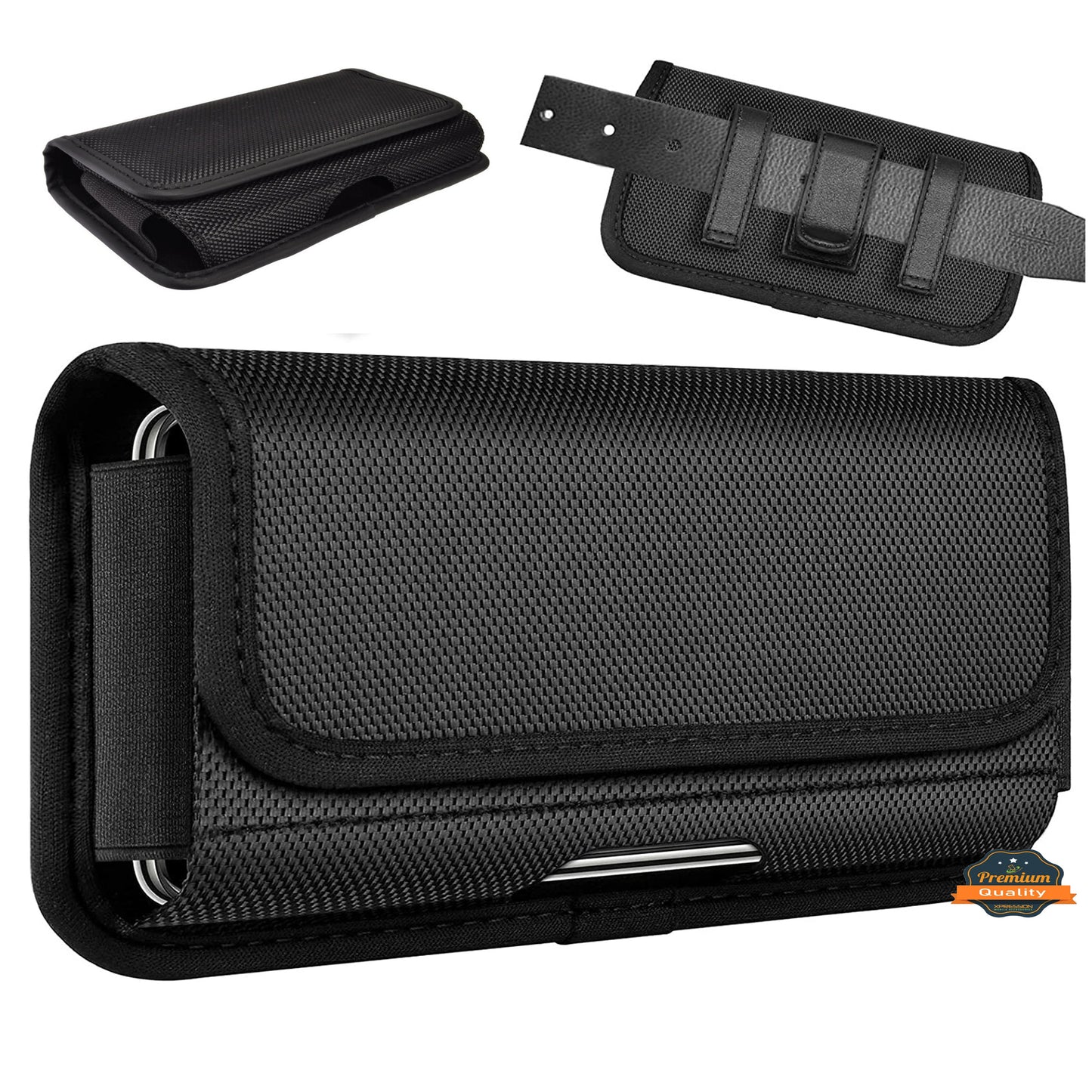 For Apple iPhone 16 Pro (6.3") Pouch Case Universal Horizontal Canvas with Belt Clip Loop Holster Military Grade Cell Phone Holder Cover [Black]