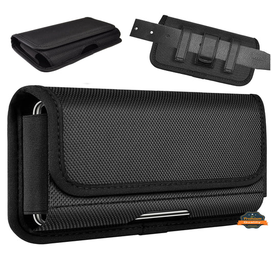 For Apple iPhone 16 Plus (6.7") Pouch Case Universal Horizontal Canvas with Belt Clip Loop Holster Military Grade Cell Phone Holder Cover [Black]