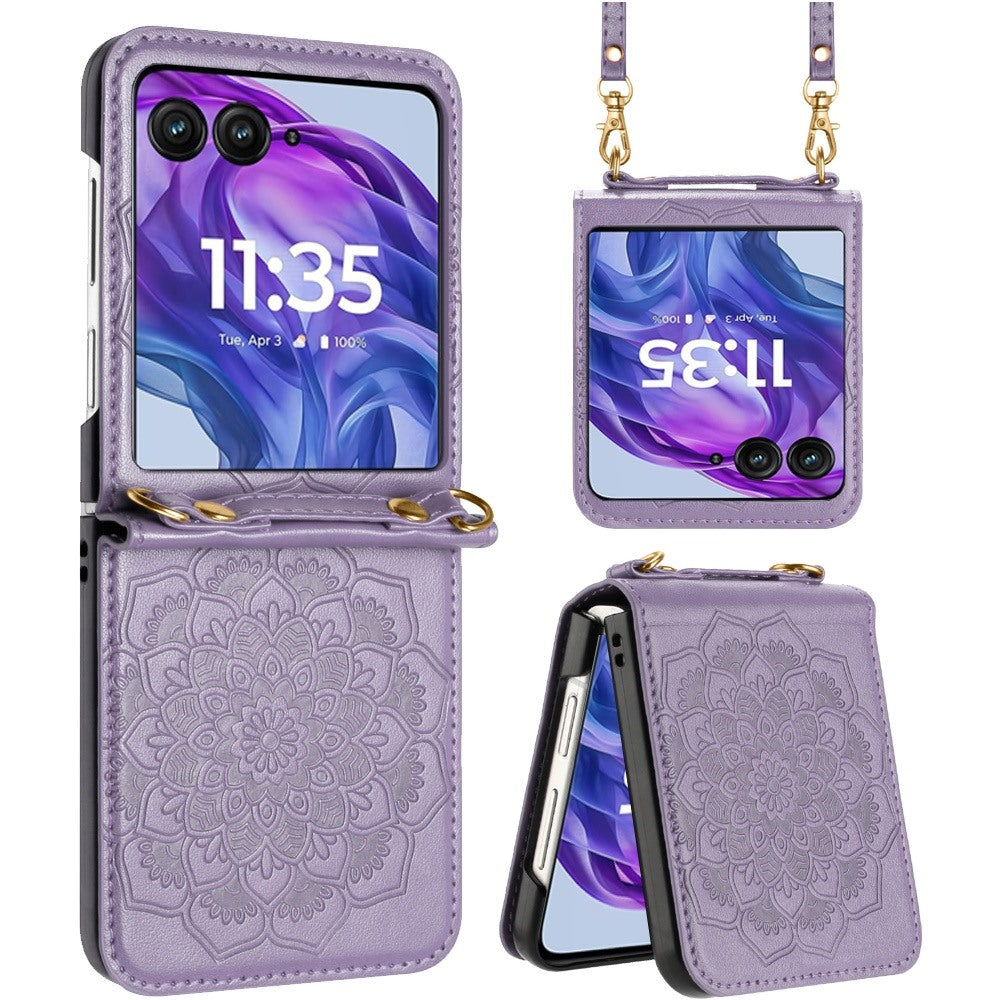 For Motorola Razr+ PLUS (2025 /2024) Embossed Floral PU Leather Henna Mandala Design Flip Cover with Strap, Hybrid Protective Case Cover